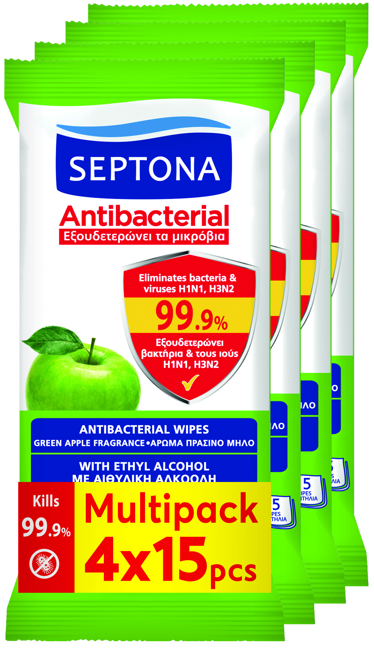 SEPTONA Antibacterial Wipes Green Apple Fragrance 15pcs (2+2 Promo)